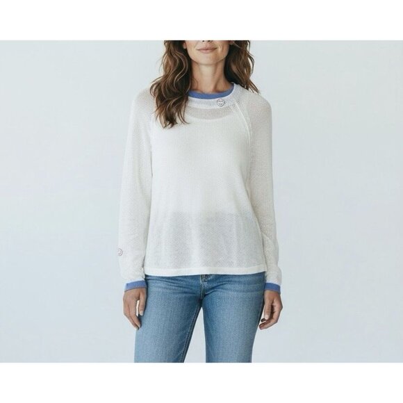Just Madison Cotton Linen Sweater Small White Blue Detail Nautical Coastal NWT - Picture 1 of 7